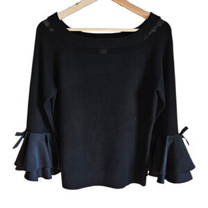 Catherine Catherine Malandrino Women’s Black Bell Sleeve Bow Knit Sweater Large